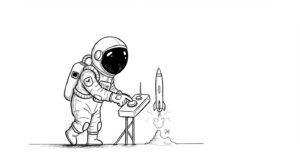 Astronaut activating a flare-launching beacon from the lunar surface. Symbolizes message launch/start of the campaign.