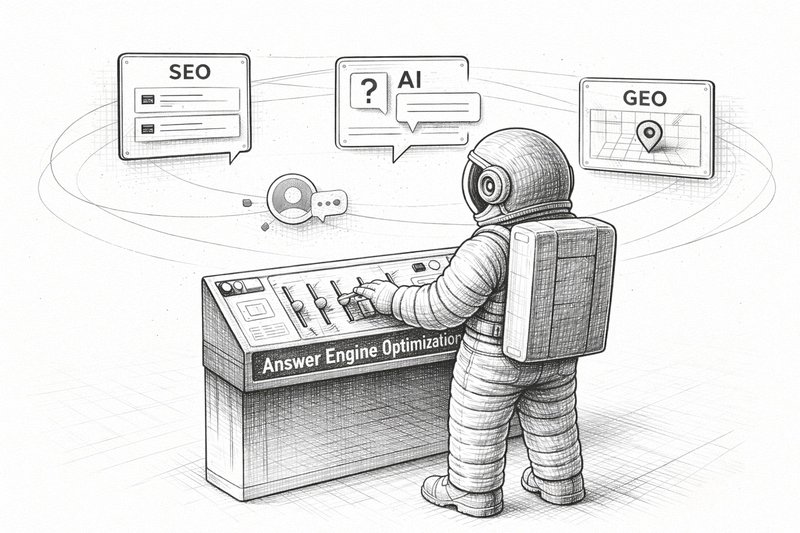 Pen-and-ink illustration of an astronaut acting as mission control at an Answer Engine Optimization console, adjusting controls while SEO, AI answer, and location signals orbit above in a minimalist white digital landscape.