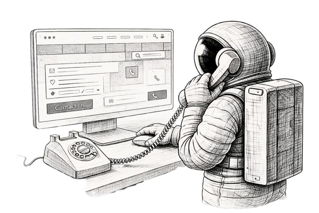 Pen-and-ink illustration of an astronaut viewing a business website on a computer while making a call on a rotary phone, symbolizing connected digital and human engagement.