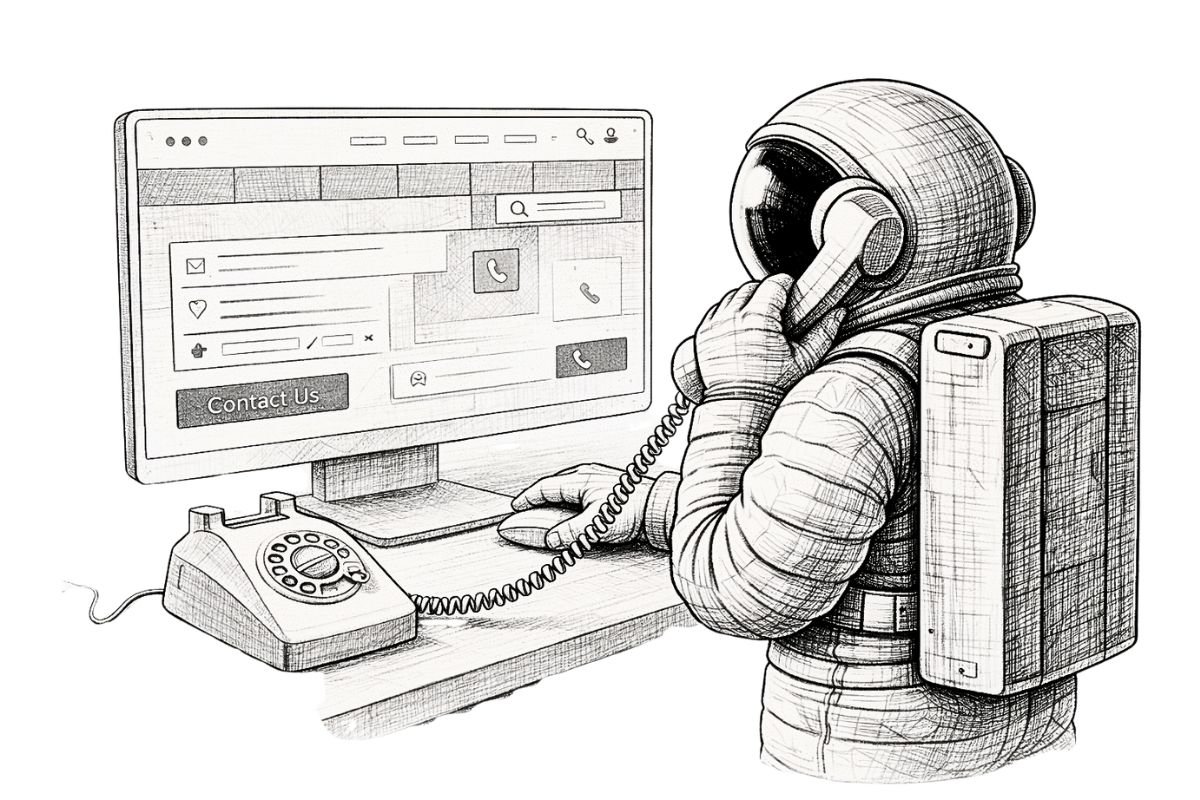 Pen-and-ink illustration of an astronaut viewing a business website on a computer while making a call on a rotary phone, symbolizing connected digital and human engagement.