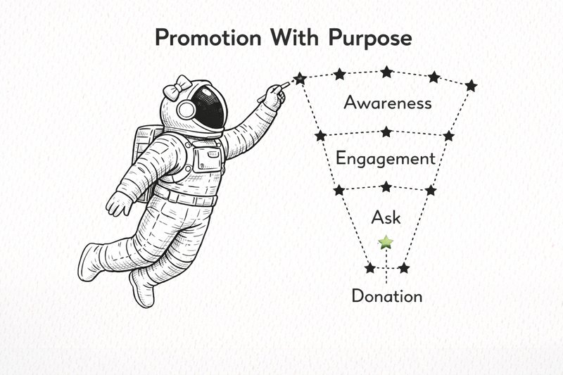 An astronaut floats in space connecting stars into a funnel shaped constellation. The top stars are labeled “Awareness,” middle “Engagement,” bottom “Donation.”