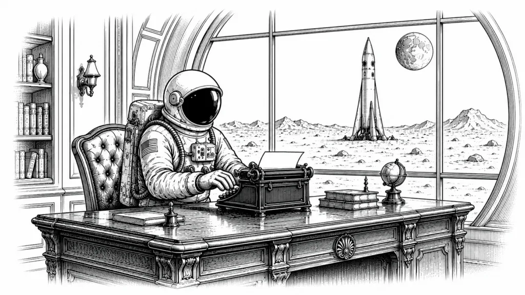 Pen-and-ink illustration of an astronaut typing at a vintage typewriter in a lunar office with a rocket and moon visible outside the window