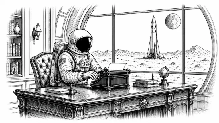Pen-and-ink illustration of an astronaut typing at a vintage typewriter in a lunar office with a rocket and moon visible outside the window