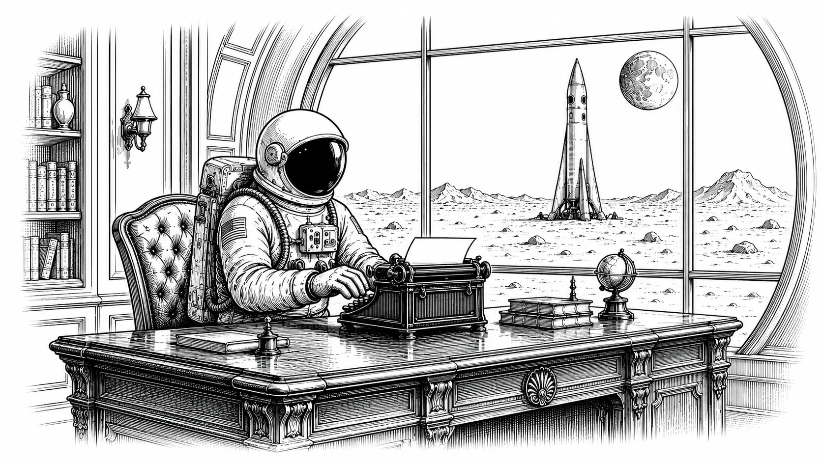 Pen-and-ink illustration of an astronaut typing at a vintage typewriter in a lunar office with a rocket and moon visible outside the window