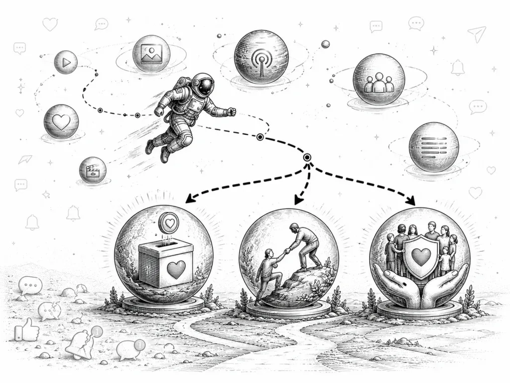 Nonprofit social media strategy illustration showing how to turn followers into donors and volunteers