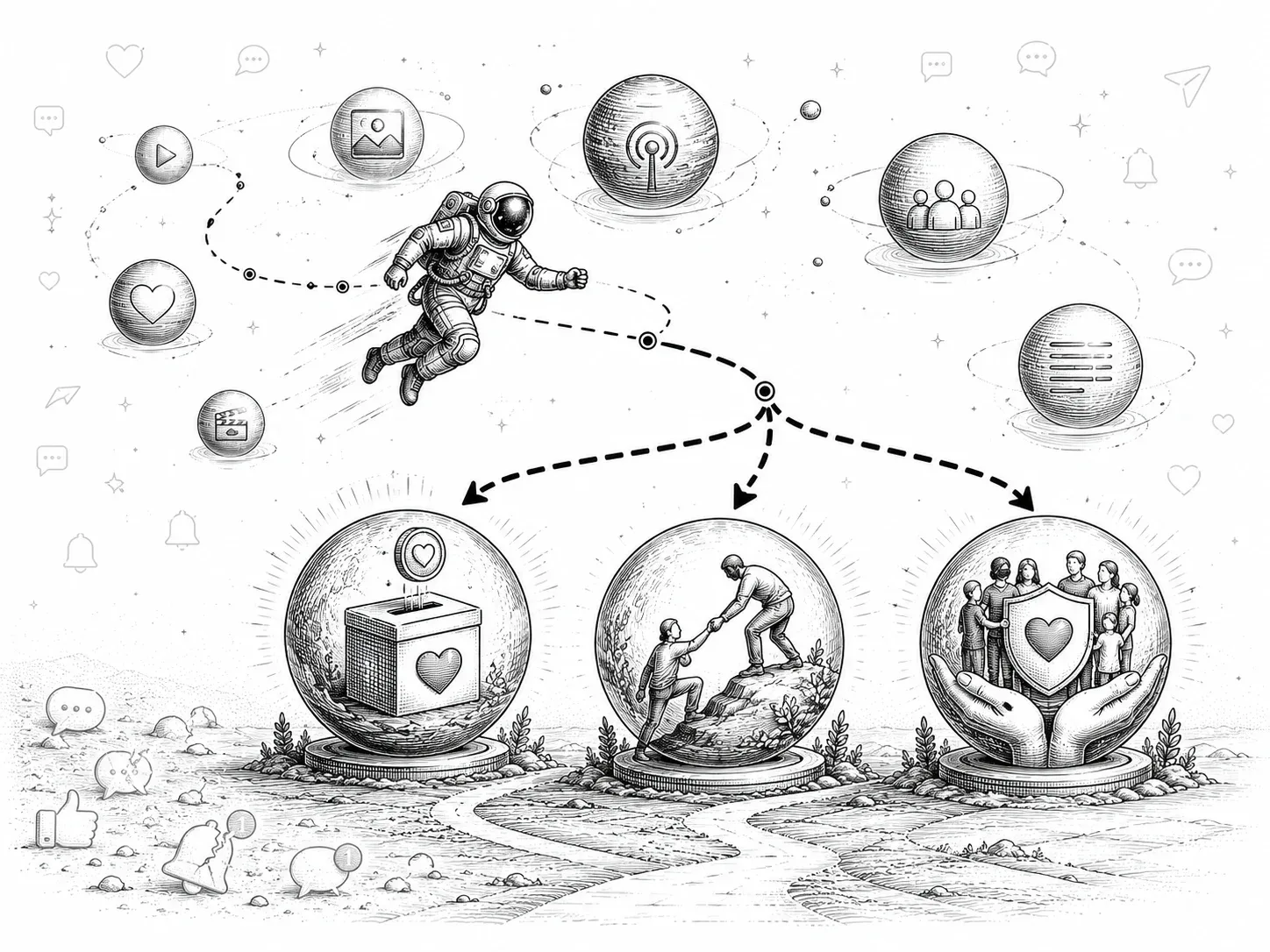 Nonprofit social media strategy illustration showing how to turn followers into donors and volunteers