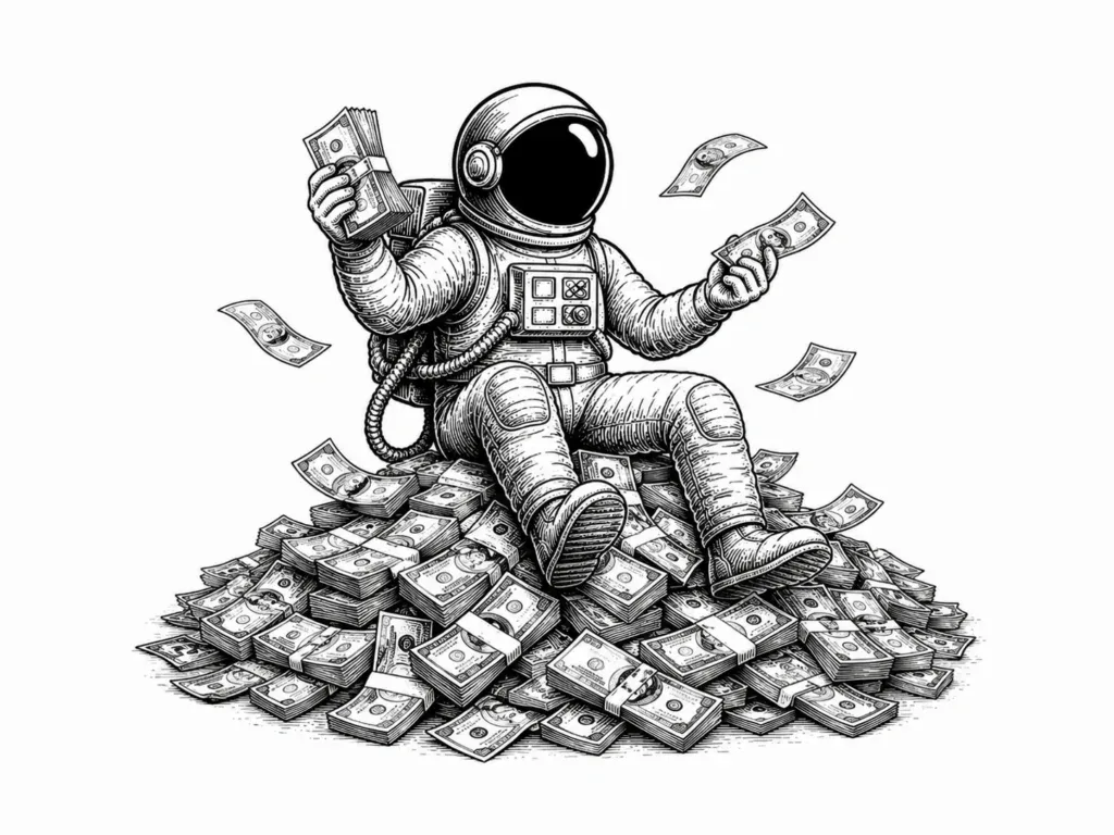 Line illustration of an astronaut sitting on a pile of cash holding handfuls of bills