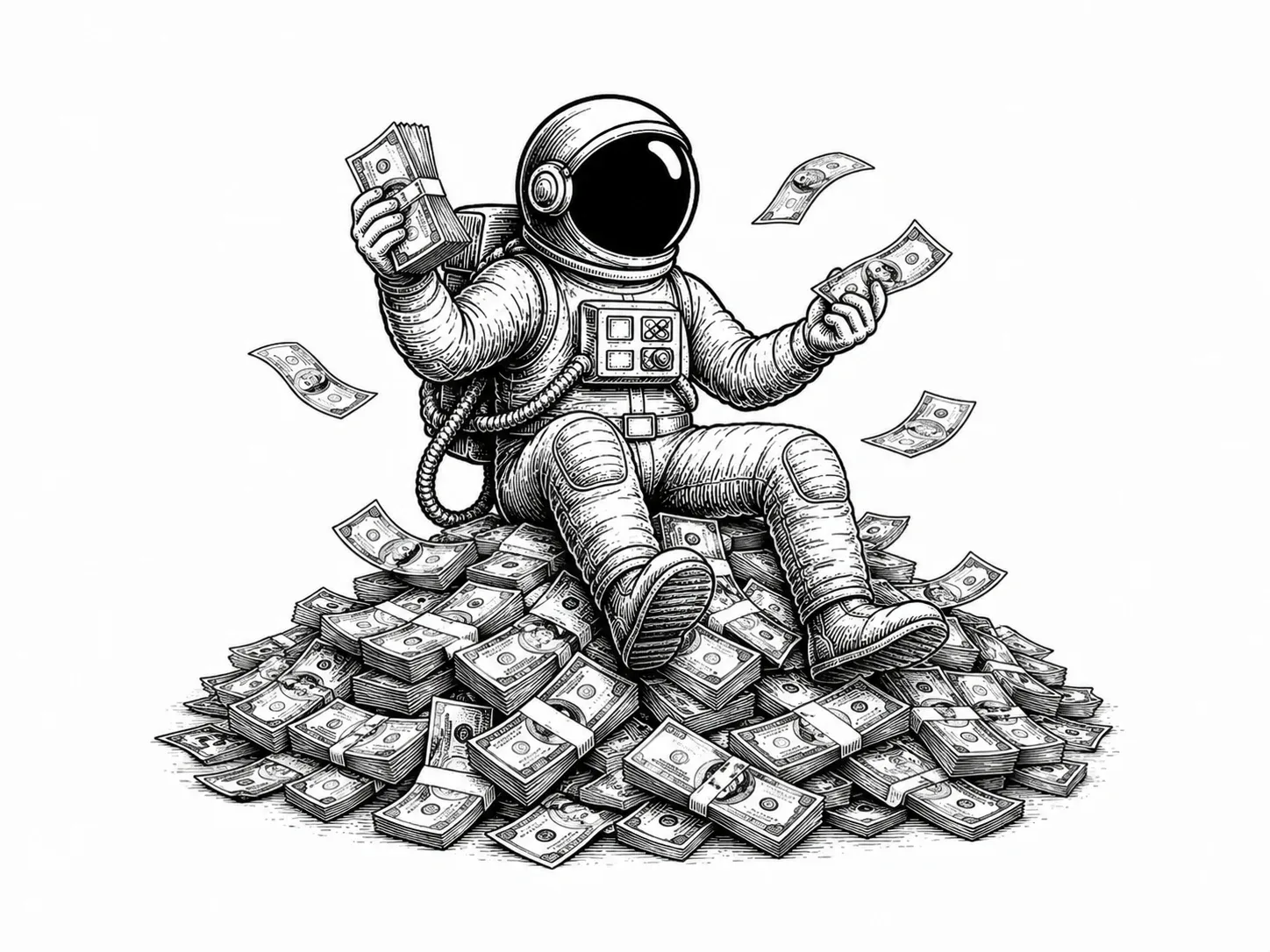 Line illustration of an astronaut sitting on a pile of cash holding handfuls of bills