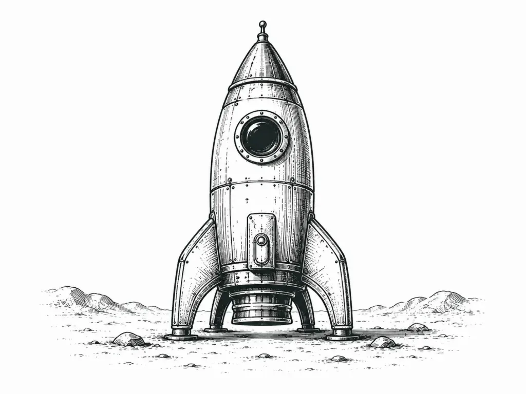 Line illustration of a retro rocket standing upright on a barren landscape, ready for launch