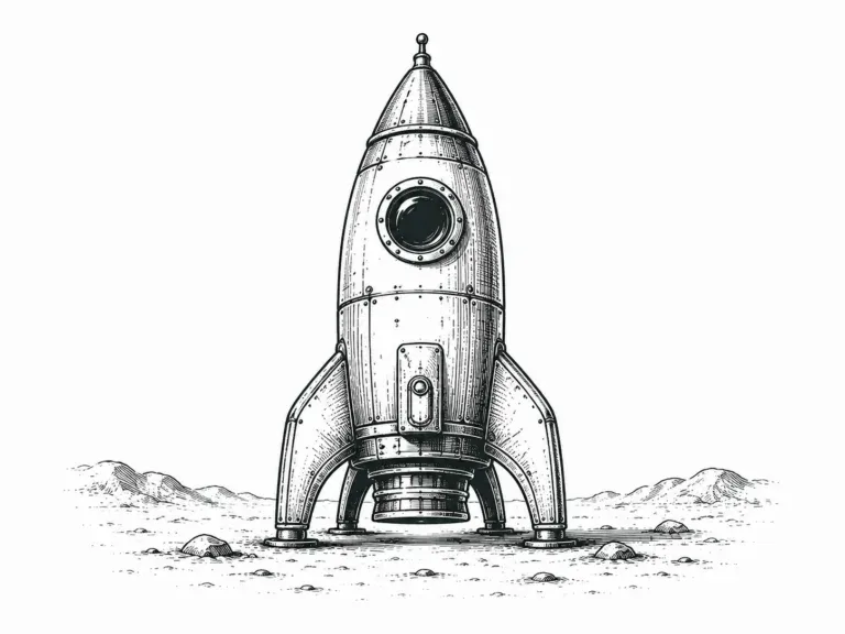 Line illustration of a retro rocket standing upright on a barren landscape, ready for launch