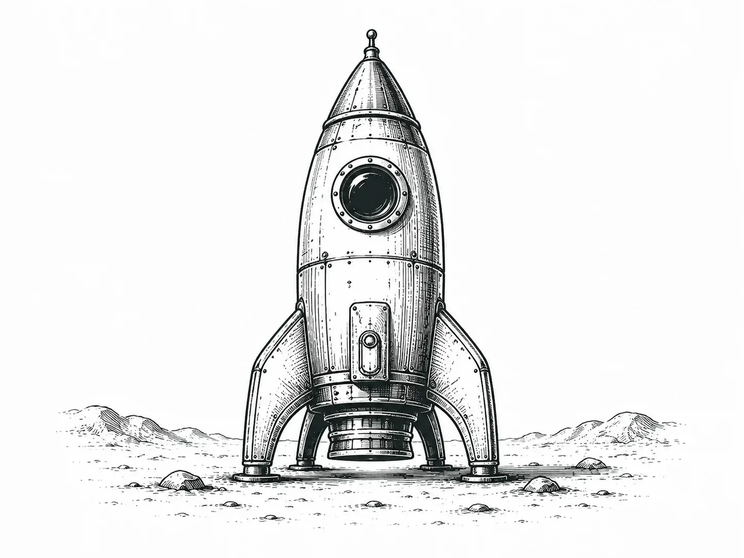 Line illustration of a retro rocket standing upright on a barren landscape, ready for launch